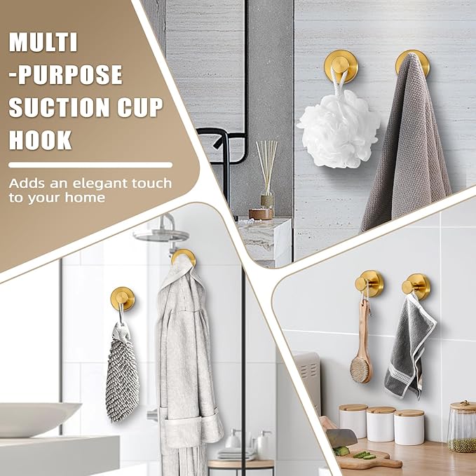 Suction Cup Hooks for Shower No-Drill Bathroom Hooks for Towels, Robes, Loofah Mountable on Bathroom Walls, Kitchen, Glass, Mirrors, Tile and Smooth,Non-Porous Surfaces (2 Pack, Brushed Gold)