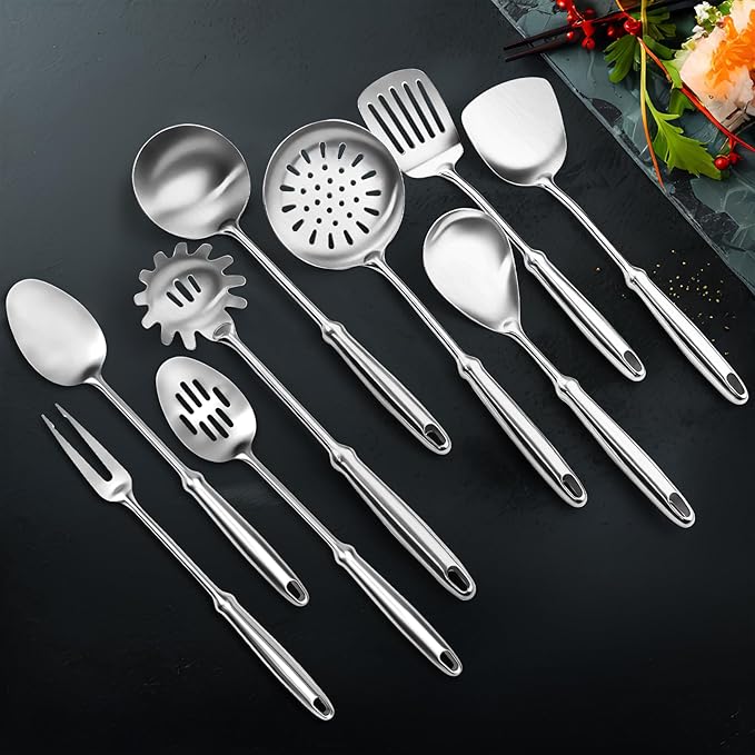 304 Stainless Steel Cooking Utensils Set, 9 PCS Metal Kitchen Utensils Set, Serving Spoon, Spaghetti Spoon, Skimmer, Meat Fork etc (Dishwasher Safe)