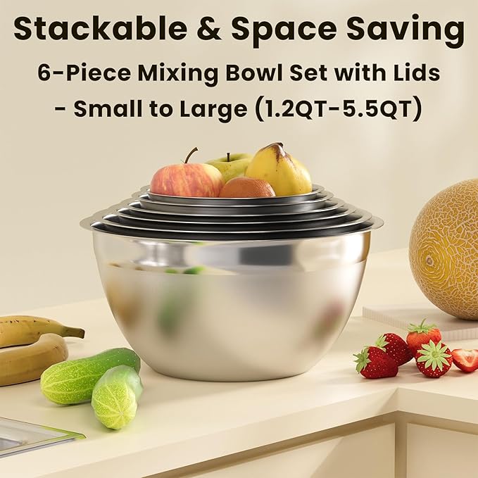 Mixing Bowls with Lids Set 10pcs | Stainless Steel Mixing Bowls with Graters and Egg Whisk,Nesting Bowls Set for Baking, Cooking, Meal Storage(1.2QT-5.5QT)
