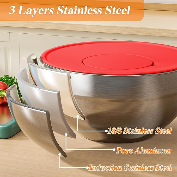 Mixing Bowls with Lids Set, 6 PCS Stainless Steel Mixing Bowls with 3 Grater Attachments, Kitchen Food Organizers Nesting Mixing Bowl, Large Size 4.5, 3.5, 2.1, 1.5, 1.1, 0.7QT-Colorful