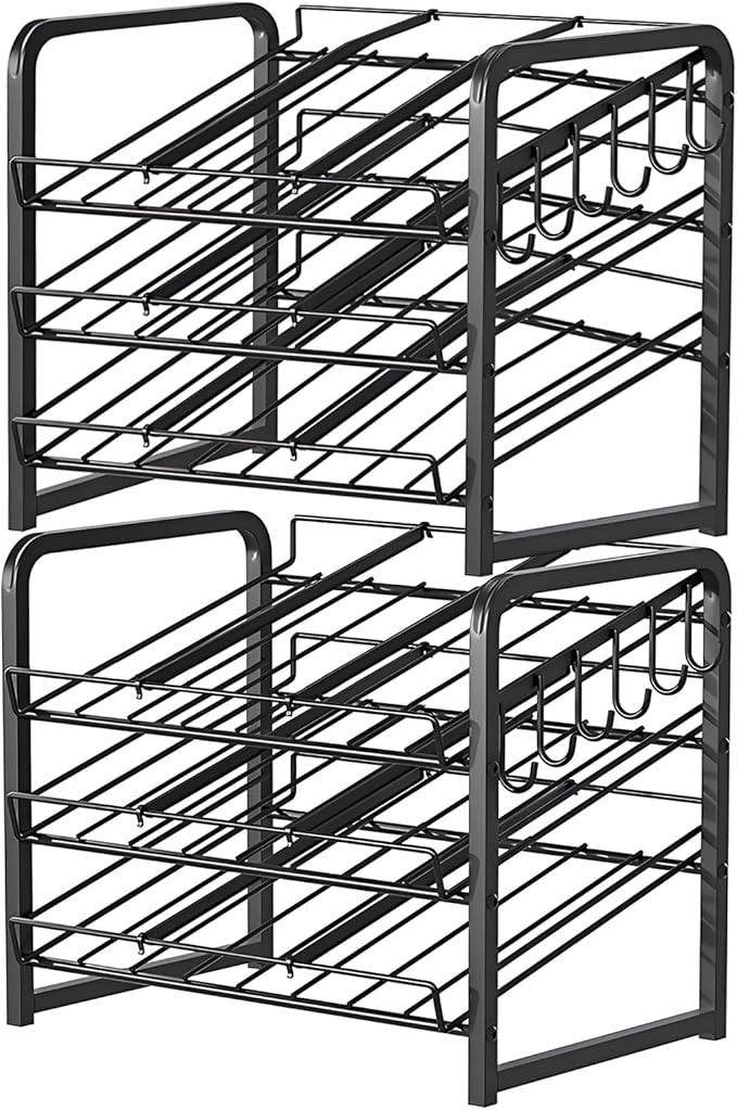 6-Tier Stackable Can Rack Organizer for Pantry, Adjustable Can Dispenser Holds Up to 60 Cans, with 12 hooks, Can Storage Holder for Various Ounces of Canned Food Soda Drinks, Black, 2 Pack