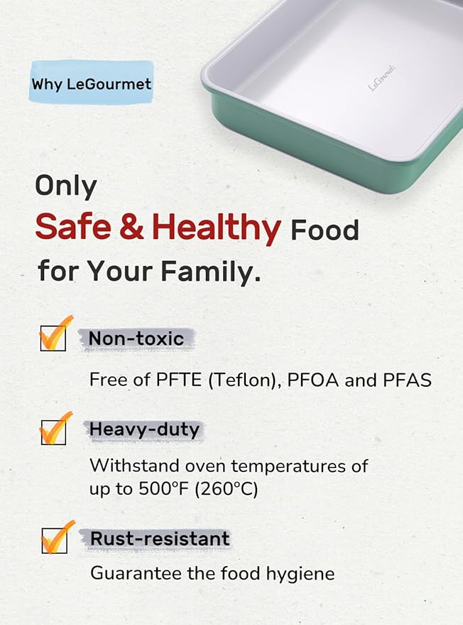 LeGourmet Nonstick Rectangle Baking Pan 9x13 Inch, Ceramic Coating, Non-Toxic, Rust Resistant Aluminized Steel, Perfect Baking Dish for Brownie Cake, Roasting, Lasagna - Rosemary
