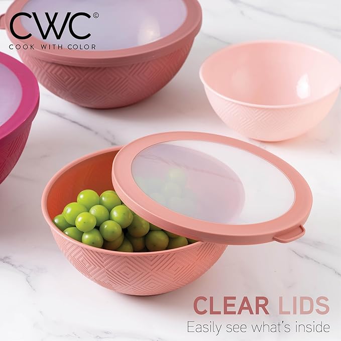 COOK WITH COLOR Mixing Bowls with Lids - 12 Piece Plastic Nesting Bowls Set includes 6 Prep Bowls and 6 Lids, Rhombus Design - Microwave Safe (Rose)