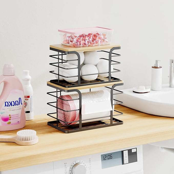 2 Pack Stackable Storage for Kitchen Laundry Pantry Organizers,Trash Bag Holder with Bamboo Top,Wall Mount Garbage Bag Dispenser,Black Large and Small