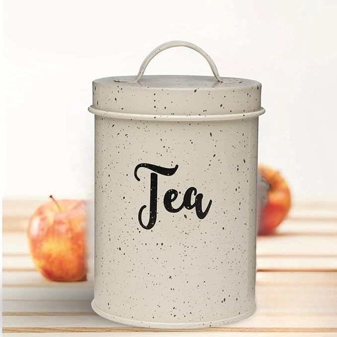 Amici Home Maddox Metal Tea Canister | Dry Food Storage Container | Speckled Cream Canister for Kitchen Countertop | Storage Jar for Tea with Handle | 44 Oz