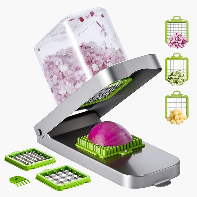 VEVOR Vegetable Chopper, Food Veggie Cutter with 3 Stainless Steel Blades, Onion Slicer with Container, Salad Potato Dicer Kitchen Gadgets & Essentials Home Appliances Tools for Easy DIY, Silver