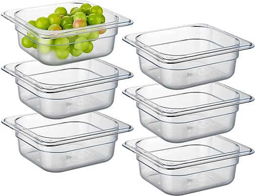 CURTA 6 Pack NSF Food Pans, 1/6 Size 2 1/2 Inch Deep, Commercial Polycarbonate Plastic Clear Freezer-Safe