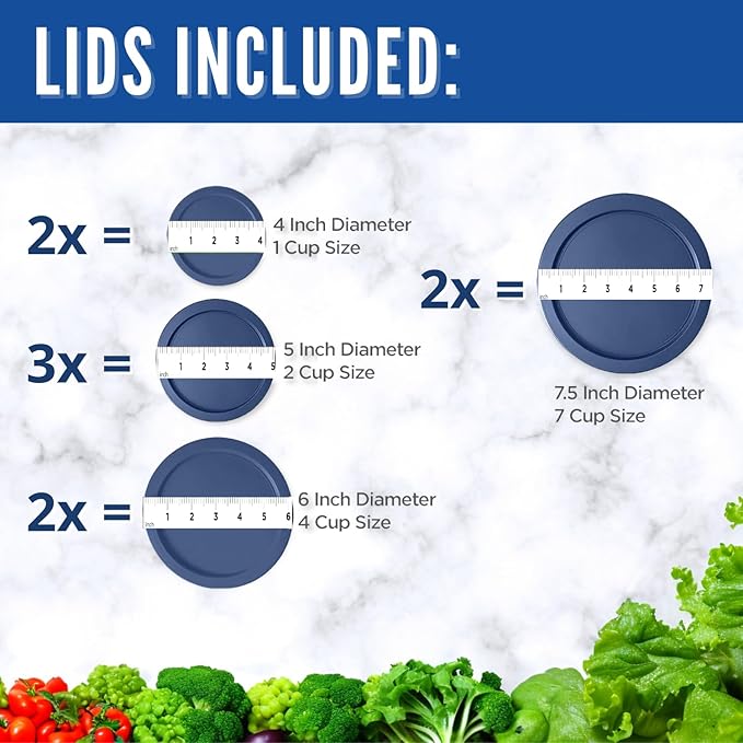 Replacement Lids for Pyrex Glass Foood Storage Containers Containers Round (2) 1-Cup (3) 2-Cup (2) 4-Cup (2) 7-Cup (Blue)