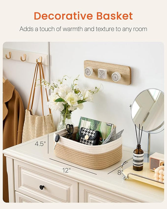 Small Woven Basket, 12 x 8 x 4.5 Inches, Storage Basket for Organizing, Cute Small Rope Shelf Closet Cube Storage Bins Baskets for Shelves, Dog Toy Gift Baskets Empty, 3 Pack White & Brown