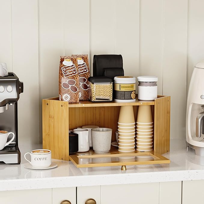 Corner Bamboo Bread Box for Kitchen Counter Large Capacity Rustic Bread Storage Container with Wavy Arcylic Transparent Door Vintage Storage for Homemade Bread (Natural Bamboo)