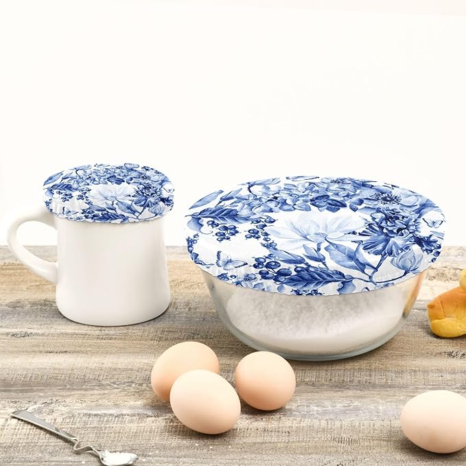 5 Pcs Bowl Covers Reusable in 5 Size Elastic Food Cover Cloth Lids Fresh Keeping Dish Cookware Bakeware Fabric Covers Lids for Food Leftovers Fruits Storage Blue and White