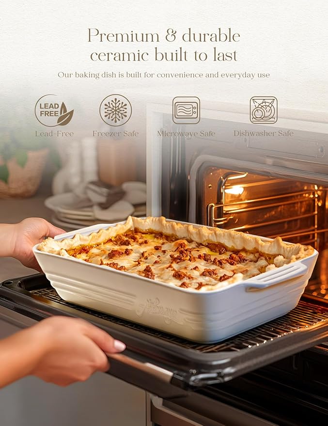 Casserole Dishes for Oven,9x13 Ceramic Baking Dish,4.2 Quarts Large Lasagna Pan with Handles Deep and Large Capacity,Durable Bakeware for Lasagna, Home Decor, Wedding Gift, White