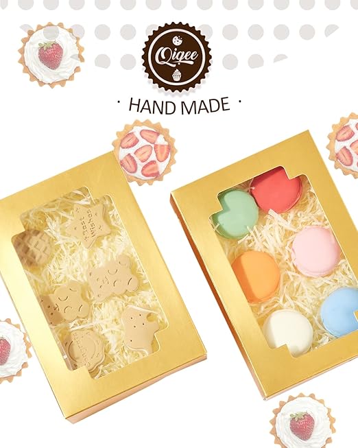 qiqee Cookie Boxes for Gift Giving 8x5.3x2 inch 24Packs Gold Treat Box with Window Bakery Box for Donuts Candies and Biscuit