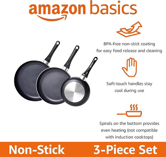 Amazon Basics Non Stick 3-Piece Kitchen Cookware Set, Includes 8-inch, 10-inch, 12-inch Pan, Black