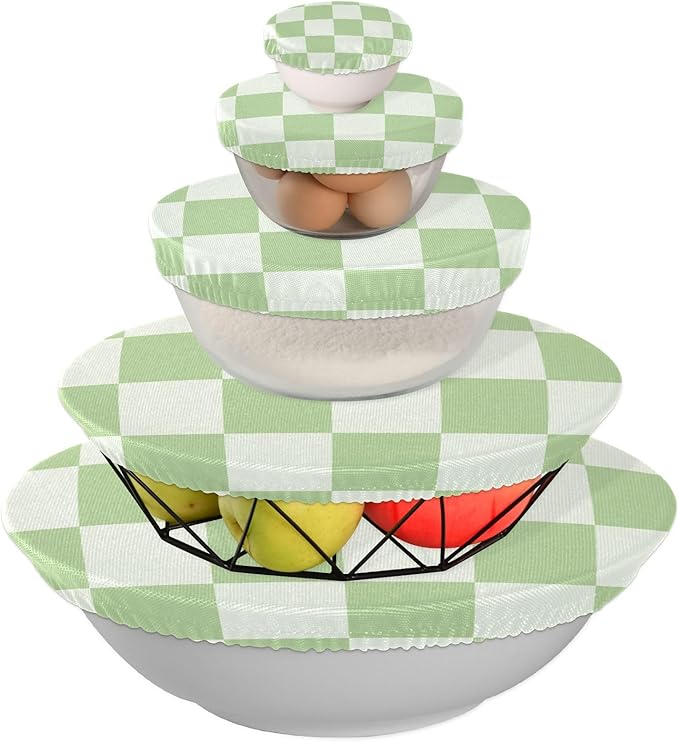 5 Pcs Bowl Covers Reusable in 5 Size Elastic Food Cover Cloth Lids Fresh Keeping Dish Cookware Bakeware Fabric Covers Lids for Food Leftovers Fruits Storage Checkered Mint Green White