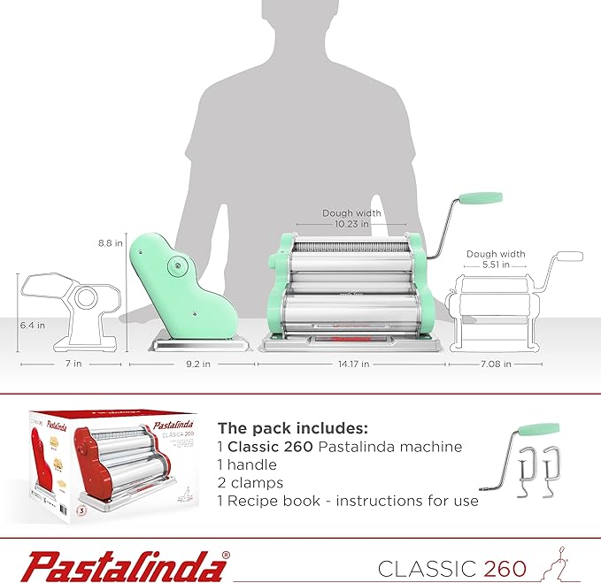PASTALINDA Classic 260 Pasta Maker Machine, 26 cm Wide Rollers, 9 Thickness Positions, 2 Cutting Positions, Stainless Steel. Includes Reinforced Hand Crank And Two Clamps (Pastel Green)
