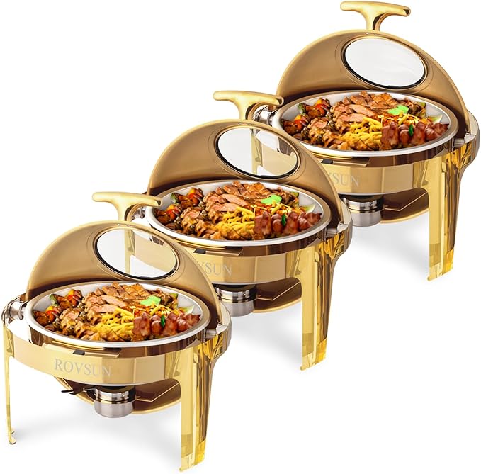 ROVSUN 6 QT 3 Pack Round Chafing Dish Buffet Set, Roll Top NSF Stainless Steel Buffet Warmer Chafers and Warmers Sets with Thick Frame for Catering Events Parties Weddings Dinners, Gold