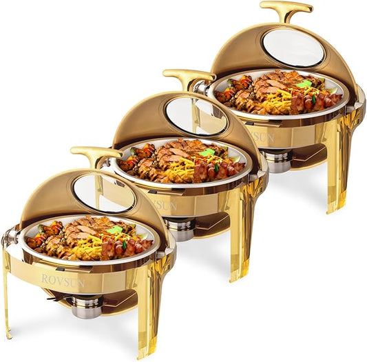 ROVSUN 6 QT 3 Pack Round Chafing Dish Buffet Set, Roll Top NSF Stainless Steel Buffet Warmer Chafers and Warmers Sets with Thick Frame for Catering Events Parties Weddings Dinners, Gold