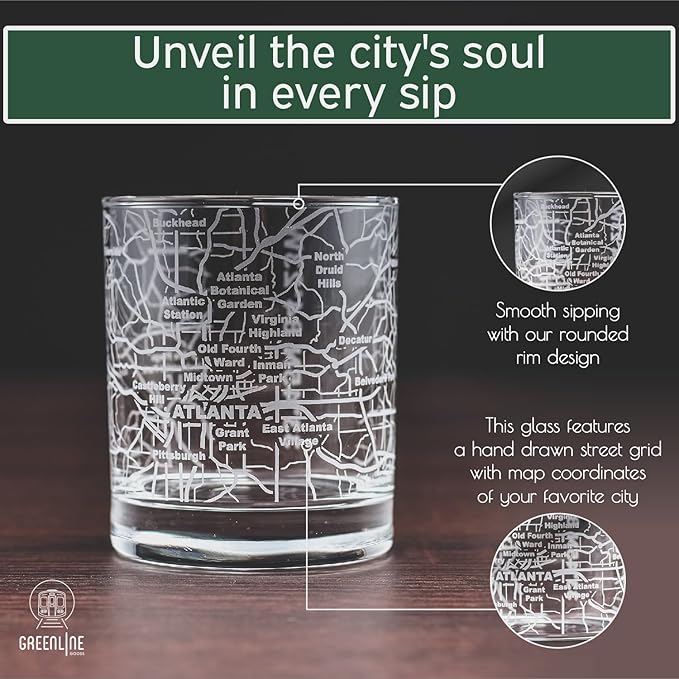 Greenline Goods Whiskey Glasses - 10 Oz Tumbler Gift Set for Atlanta lovers, Etched with Atlanta Map | Old Fashioned Rocks Glass - Set of 2