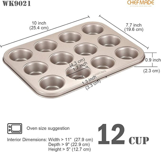 CHEFMADE Mini Muffin Pan, 12-Cavity Non-Stick Mini Cupcake Pan Bakeware for Oven Baking (Champagne Gold)