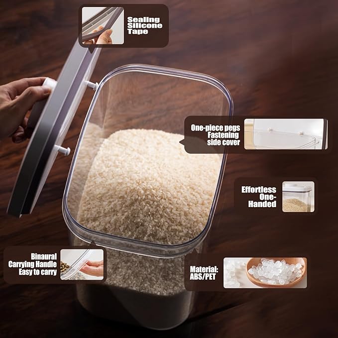 Rice Container - 25 Lbs/12KG/12L Rice Dispenser Storage with Measuring Cup Food Cereal Container Bins Pet Food Container Household for Kitchen Pantry Organization,White