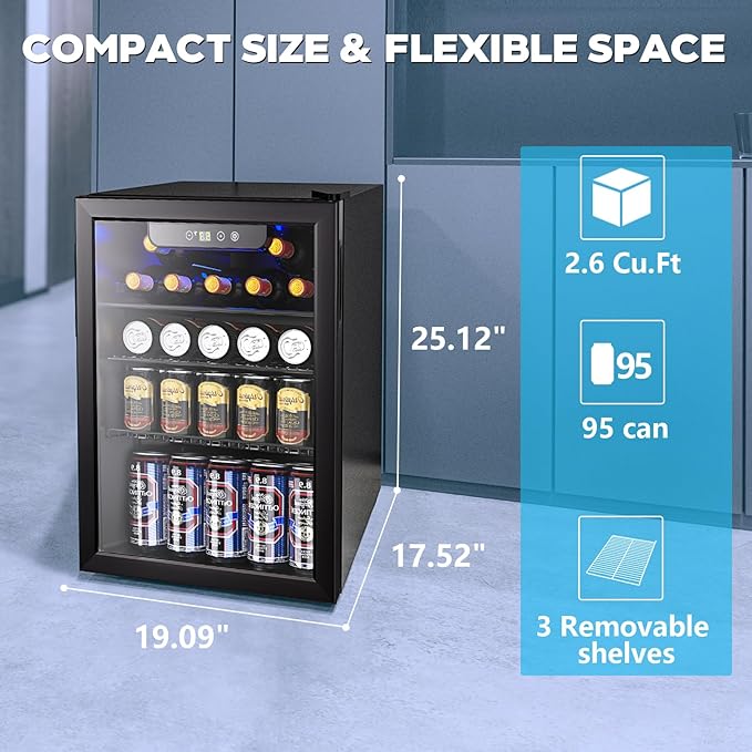 2.7 Cu.ft Beverage Refrigerator Cooler, 95 Can Mini Fridge Glass Door with Adjustable Shelves, Digital Temperature Display, Freestanding Small Drink Fridge for Home, Office or Bar(Black)