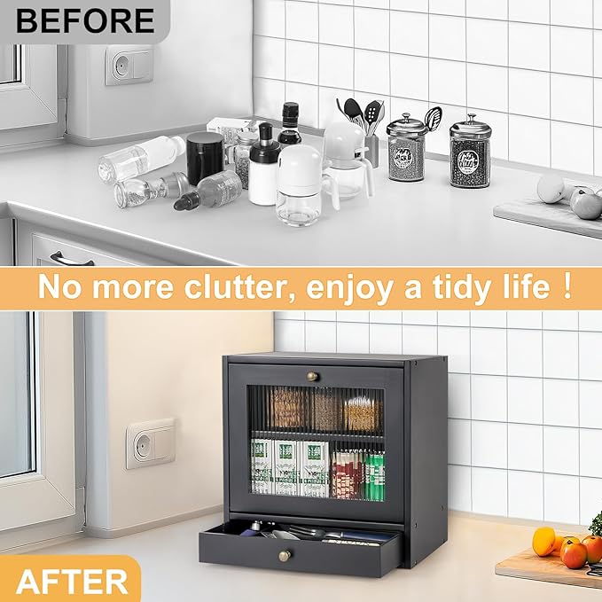 Sunhoo Bread Box for Kitchen Countertop Bin 2 Layer Wooden Bread Storage Breadbox Holder Large Capacity Container Bread Organizer Farmhouse Keeper Shelf with Drawer Acrylic Window (Black