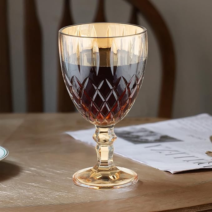 Vintage Wine Glasses Set of 6, 11 Ounces Colored Glass Water Goblets, Colorful Unique Embossed Pattern High Clear Stemmed Glassware Wedding Party Bar Glass Drinking Cups Amber Fancy Glasses