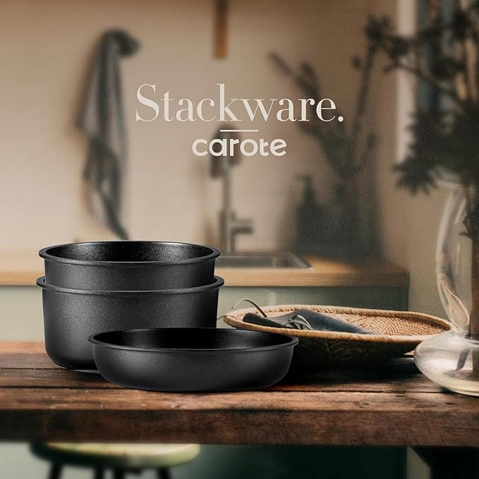 CAROTE 6pcs Pots and Pans Set Non Stick, Cookware Sets, Kitchen Set, Oven/Fridge Safe, Space Saving Pots Set, Nonstick Cooking Set with Versatile Detachable Handle, Induction RV Set, Jet Black