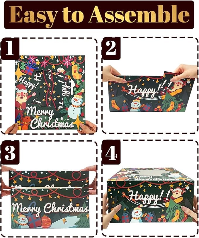 qiqee Christmas 12x12x6 Cake Box, 4Sets Christmas Cake Box with Window ＆ 4Sets 12 Inch Christmas Snow Man Cake Round Boards, 12inch Cake Containers