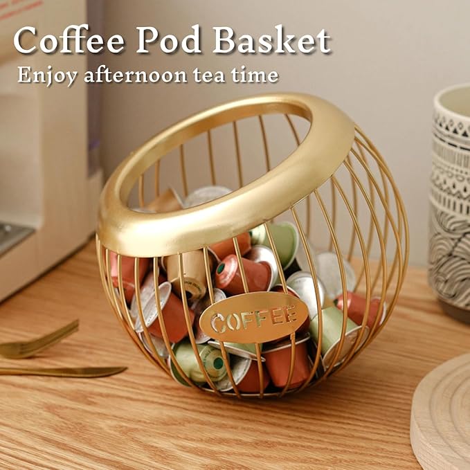 Metal Coffee Pod Holder Wire Coffee Pods Storage Basket Espresso Capsule Storage for Home Kitchen Cafe Hotel (Gold spherical)