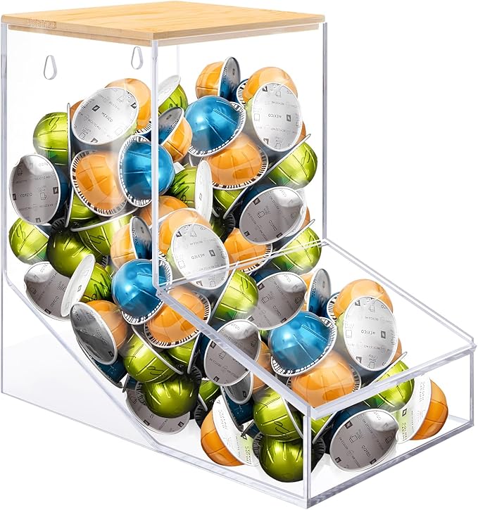 TCJJ Coffee Pod Holder With Bamboo Lid, Clear Acrylic Coffee Capsule Organizer For K Cup, 170 In³ Capacity, Can Be Placed On A Tabletop Or Mounted On A Wall, Compatible With Coffee Pod & Creamer
