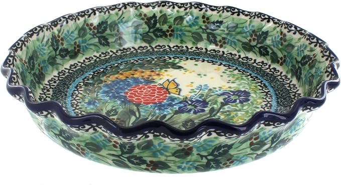 Blue Rose Polish Pottery - Green Teresa Pie Plate - 10" Diameter - Ceramic Baking Dish, For Pies, Quiches & Desserts