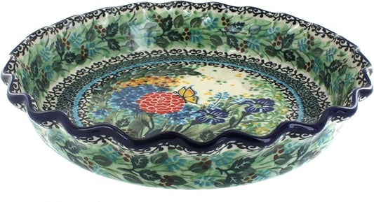 Blue Rose Polish Pottery - Green Teresa Pie Plate - 10" Diameter - Ceramic Baking Dish, For Pies, Quiches & Desserts