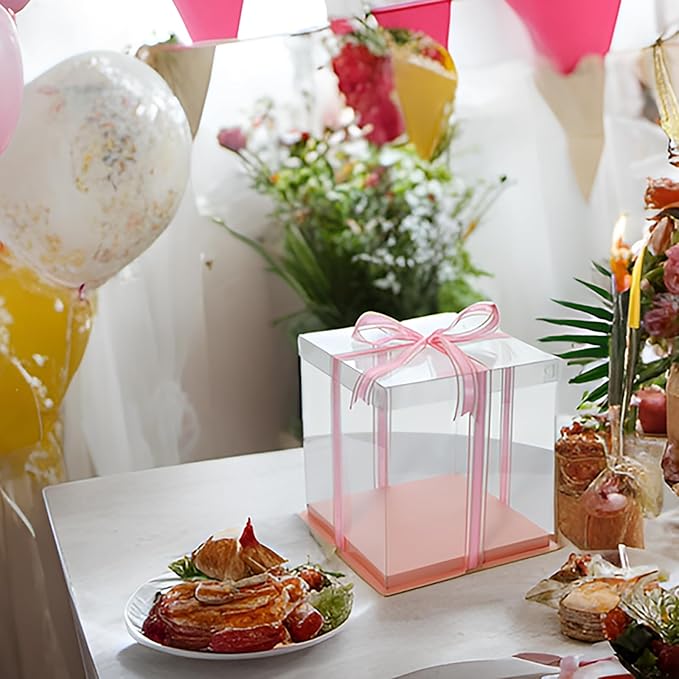 XININSUN pink clear cake box with ribbon,4inch 6inch cake boxes,small transparent cake box cake carrier,square cardboard cake containers clear gift boxes for wedding,birthday,party(6pcs)