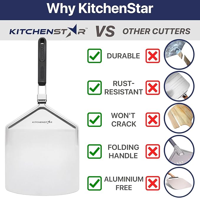 KitchenStar Stainless Steel Pizza Peel 12 inch with 10 inch Folding Handle, Medium - Spatula Paddle for Effortless Pizza Transfer & Easy Storrage - Outdoor Pizza Oven Accessories