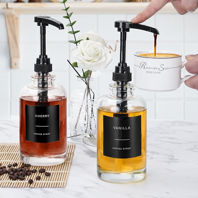 Coffee Syrup Dispenser for Coffee Bar, Glass Syrup Dispenser with Pump, Coffee Syrup Pump Dispenser Bottle with Tray, Spoon for Coffee Station, Coffee Bar Organizer, Black,16.9 oz, 500 ml