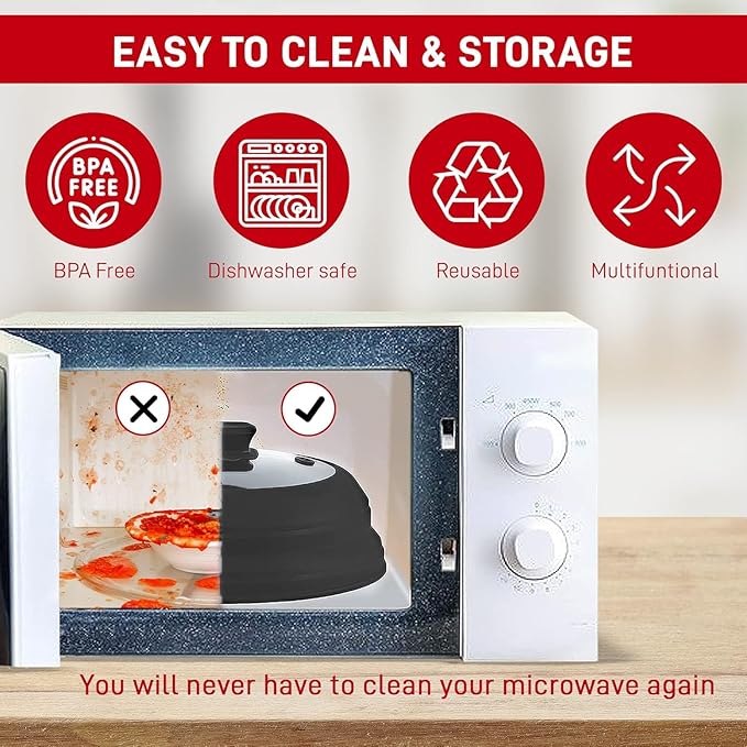 Microwave Splatter Cover Glass 11.8 Inch - Collapsible Microwave Splatter Cover for Plate & Bowl - Tempered Glass Top, Food-Grade Silicone Dome with Heating Vents & Heat-Safe Handle (BLACK)