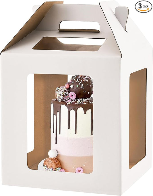 Cake Box with Windows and Handle, 10x10x10 inches, Tall Cake Carrier for Tiered Cakes, White