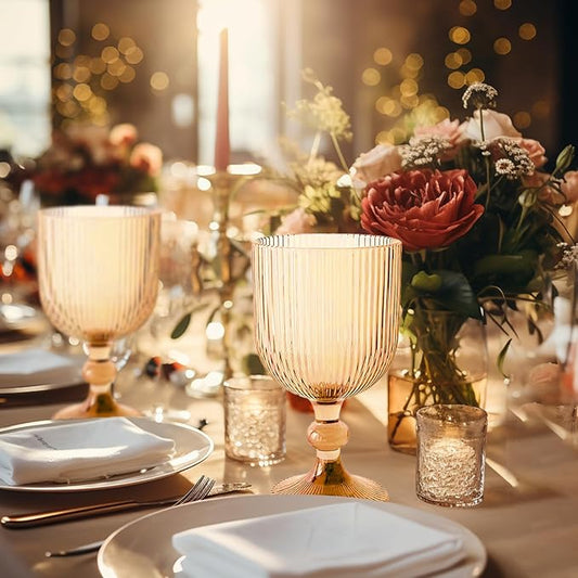 24 Pcs Vintage Wine Glasses, 11 Ounces Colored Glass Water Goblets, Colorful Unique Embossed Pattern High Clear Stemmed Glassware Wedding Party Bar Glass Drinking Cups Vertical Line Amber Set of 24