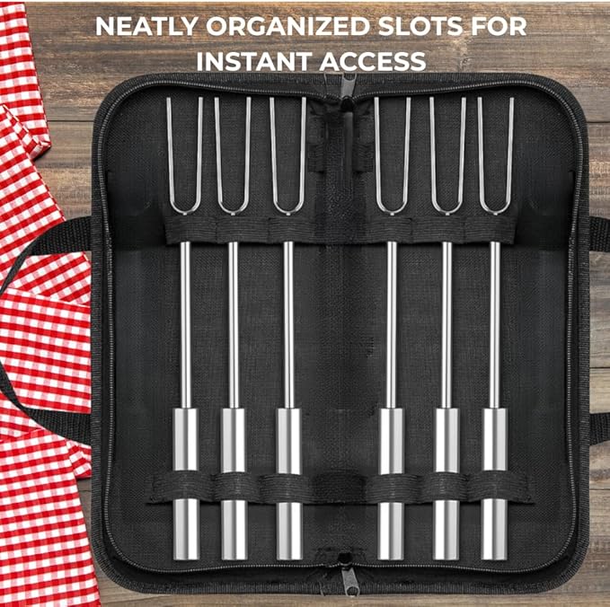 Smores Sticks For Fire Pit [All-Stainless Steel Set Of 6] -Marshmallow Roasting Sticks For Campfire, Telescoping S'mores Forks -Long Hot Dog Sticks [Dishwasher-Safe] - SUMPRI Campfire Skewers