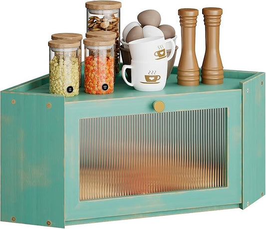 Corner Bamboo Bread Box for Kitchen Counter Large Capacity Rustic Bread Storage Container with Wavy Arcylic Transparent Door Vintage Storage for Homemade Bread (Antique Blue)
