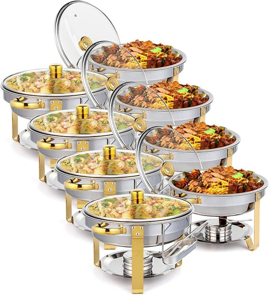 ROVSUN 5QT 8 Pack Chafing Dish Set Gold Accent, Round NSF Stainless Steel Buffet Warmer Chafers with Glass Lid & Lid Holder for Catering Events Parties Weddings Dinners