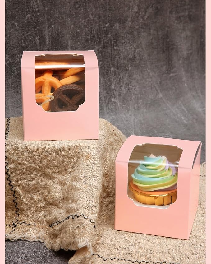 Bakepacker Auto-pop up Cupcake Boxes 30-Packs Individual Cupcake Container Pink 3.5" x 3.5" x 3.5" Single Cupcake Boxes