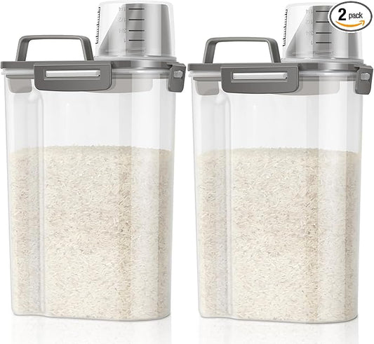 TBMax Rice Container Cereal Storage Container 2 Pack 5 Lbs, Kitchen Pantry Dry Food Storage Holder with Easy-Pouring Spout & Handy Cup, Small Pet Dog Cat Food Dispenser for Daily Feeding -Grey