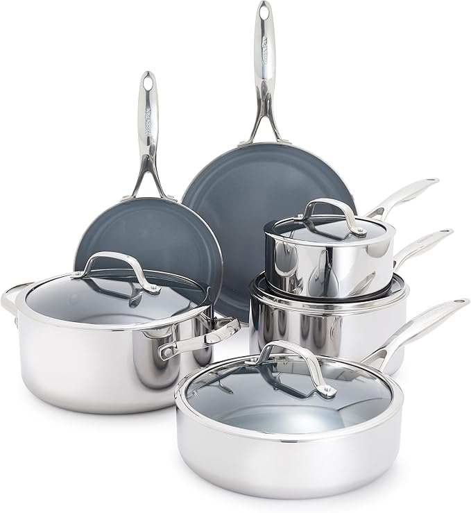 GreenPan Valencia Tri-Ply Stainless Steel 10 Piece Cookware Set, Induction Ready Pots & Pans, Mirror Finish, Dishwasher Safe & Oven/Broiler Safe to 600F, Compatible with All Cooktops, Silver