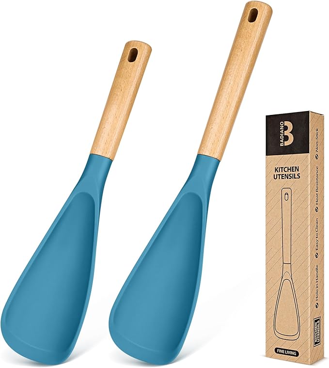 Multifunction Spatula Spoon for Nonstick Cookwares, Great for Cooking and Serving, Sturdy BPA-Free Matte Silicone, Wood Handle Spatula for Mixing, Scoop, and Scrape, Turquoise(2 pack,11.4" & 13.4")