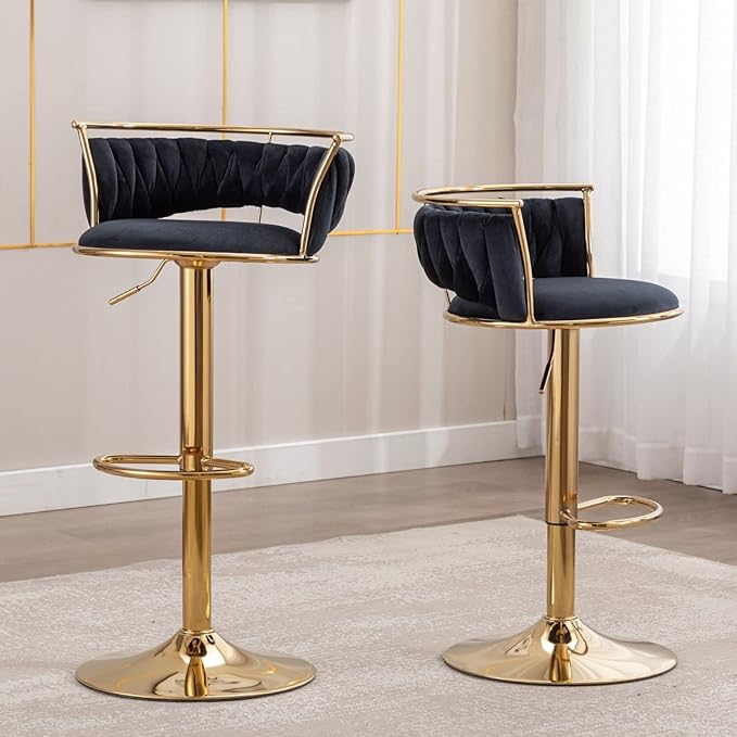 LukeAlon Velvet Adjustable Barstools Set of 2, Modern 360° Swivel Counter Stools with Golden Base Upholstered Open Back Tall Bar Chairs with Footrest for Home Kitchen, Black