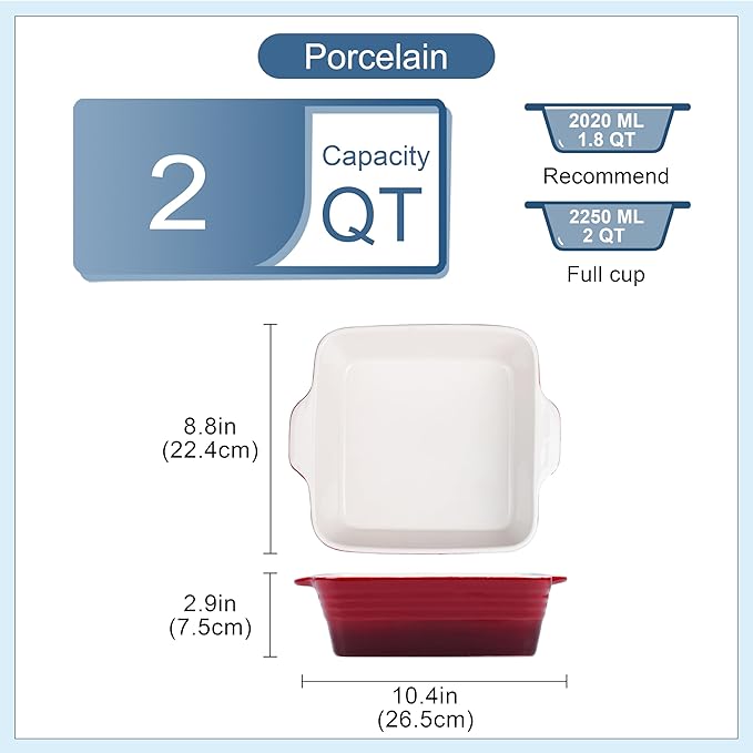 LOVECASA 8x8 inch Baking Pan, 2 Quart Square Cake Pan Baking Dish for Oven, Stoneware Brownie Pan Non-Stick, Casserole Baking Pan with Handle,Ceramic Bread Pans for Baking, Red