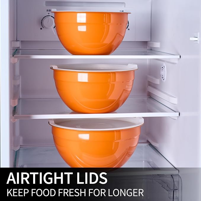 Orange Mixing Bowls with Lids Set of 7, Stainless Steel Nesting Bowl with Khaki Lid for Non-slip Mixing Prepping Storing Serving, 7 Sizes-7/3.6/2.7/2.1/1.5/1/0.8 QT